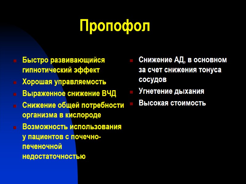 Пропофол  Быстро развивающийся гипнотический эффект Хорошая управляемость  Выраженное снижение ВЧД Снижение общей